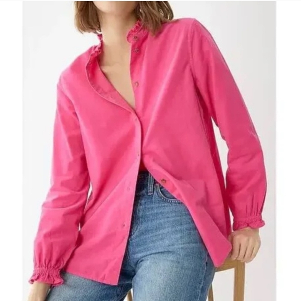 J. Crew Corduroy Bright Pink Ruffle Neck Button Up Shirt Womens 14